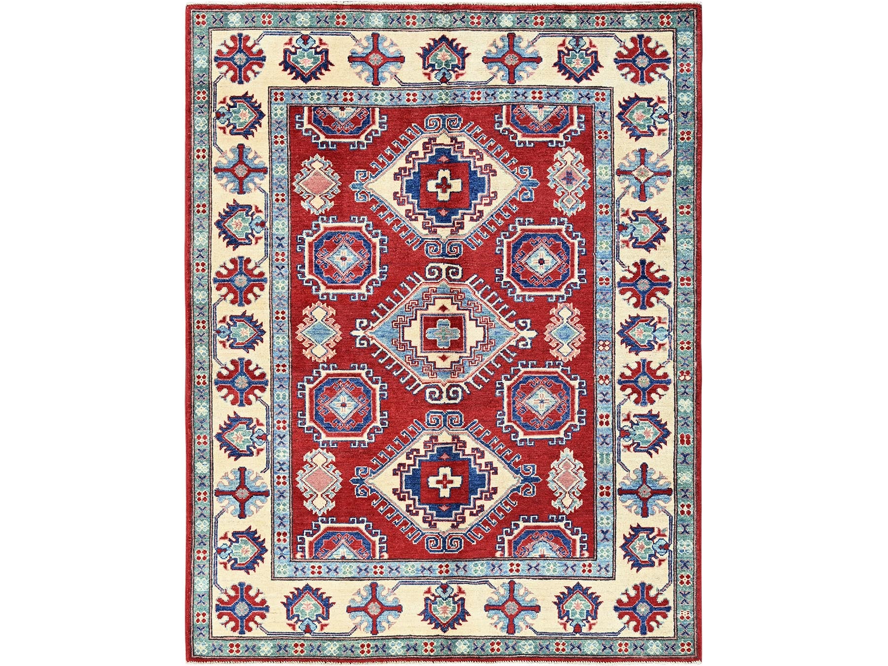 Kazak Kazak hand-knotted wool rug in Red & Ivory, 5'1" x 6'9" — SKU O0331