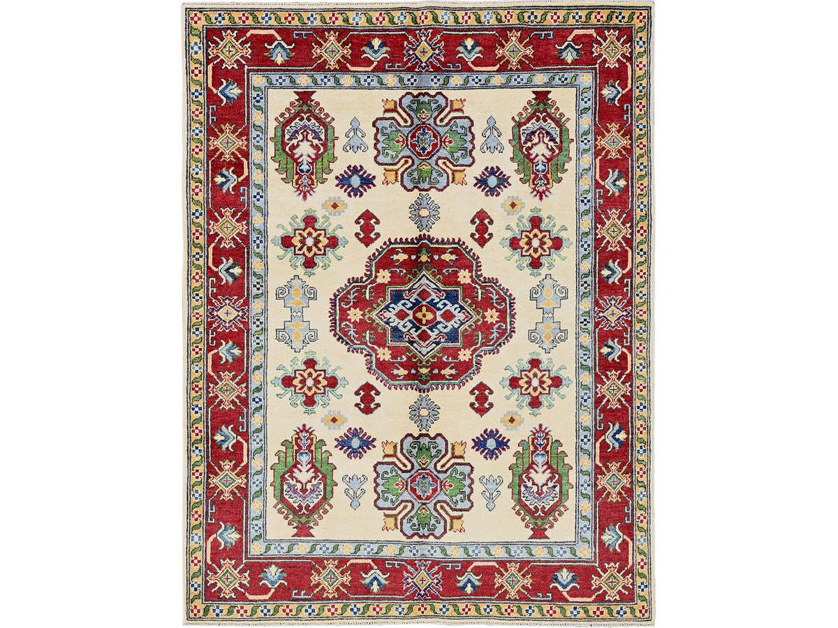 Kazak Kazak hand-knotted wool rug in Ivory & Red, 4'11" x 6'6" — SKU O0332