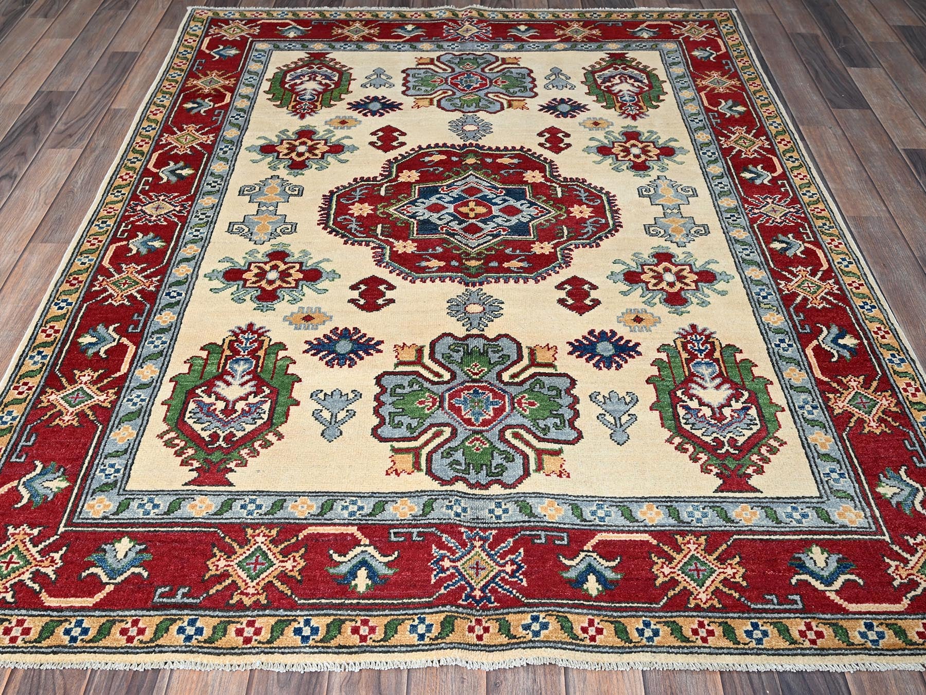Kazak Kazak hand-knotted wool rug in Ivory & Red, 4'11" x 6'6" — SKU O0332 (view 2)