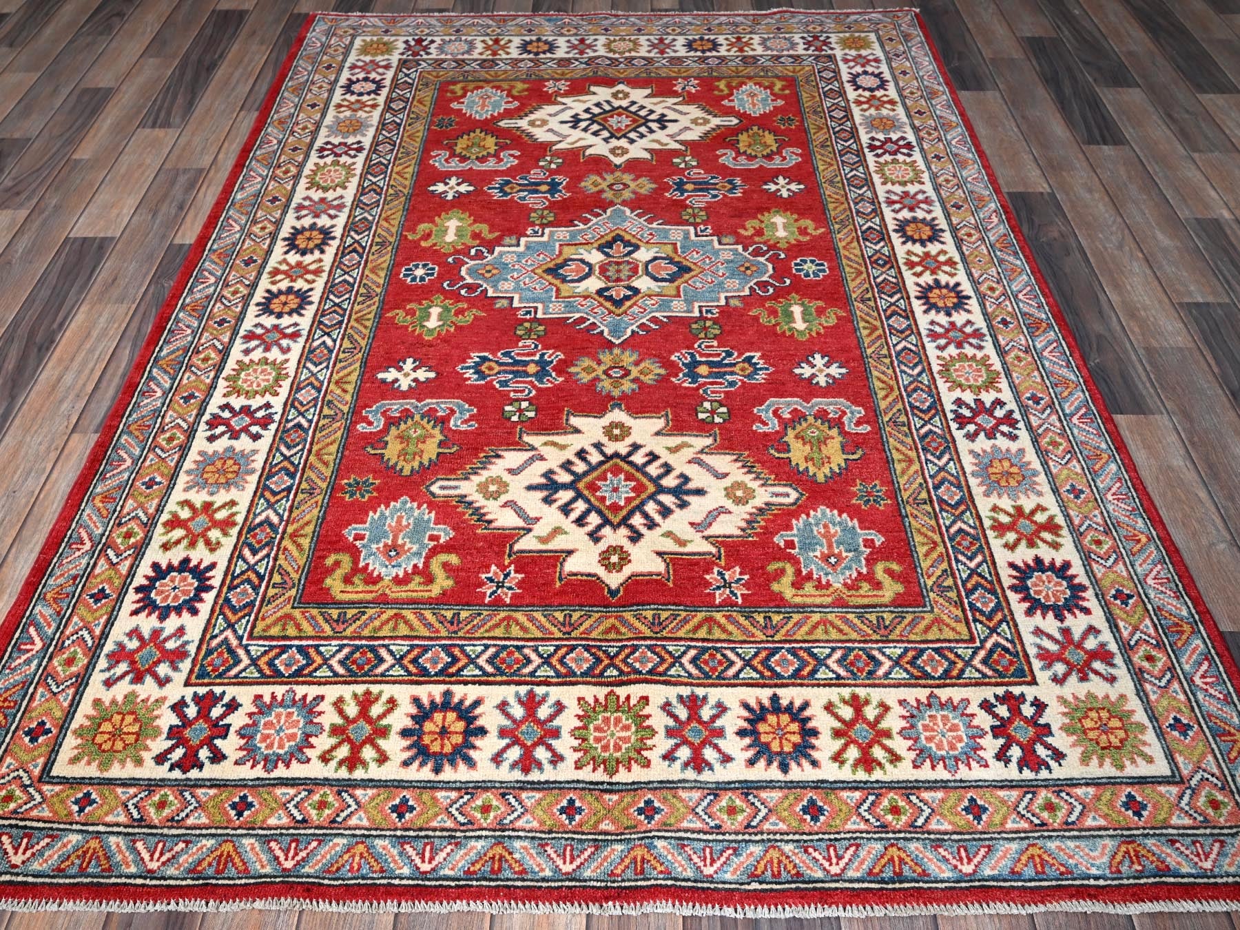Kazak Kazak hand-knotted wool rug in Red & Ivory, 4'10" x 6'11" — SKU O0333 (view 2)