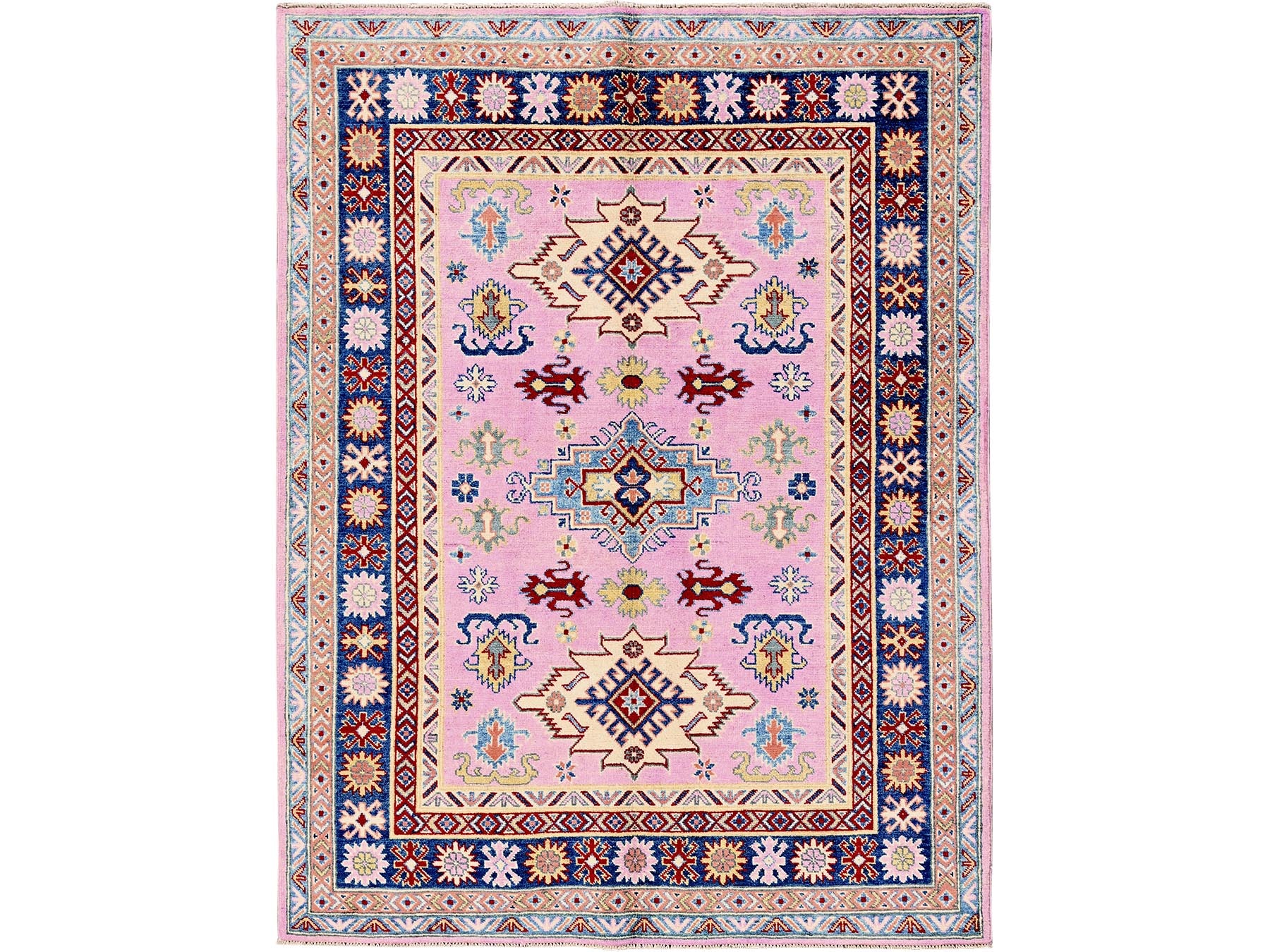 Kazak Kazak hand-knotted wool rug in Pink & Navy Blue, 4'11" x 6'7" — SKU O0334