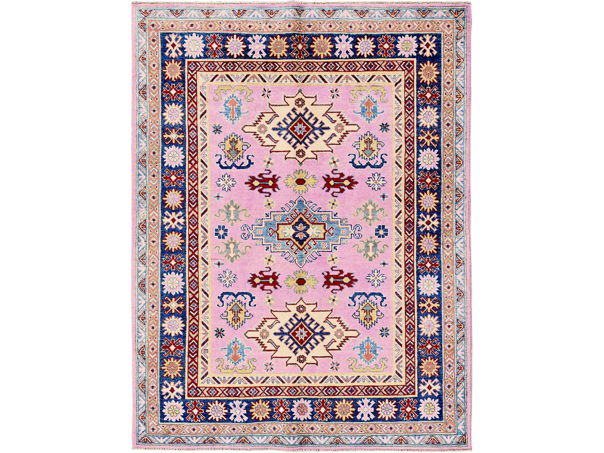 Kazak Kazak hand-knotted wool rug in Pink & Navy Blue, 4'11" x 6'7" — SKU O0334