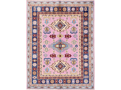Kazak Kazak hand-knotted wool rug in Pink & Navy Blue, 4'11" x 6'7" — SKU O0334