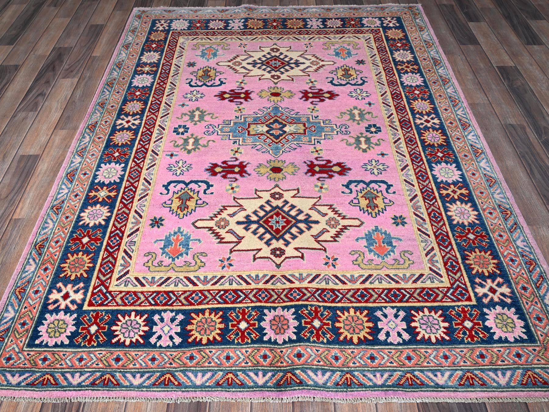 Kazak Kazak hand-knotted wool rug in Pink & Navy Blue, 4'11" x 6'7" — SKU O0334 (view 2)