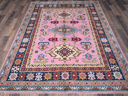 Kazak Kazak hand-knotted wool rug in Pink & Navy Blue, 4'11" x 6'7" — SKU O0334 (view 2)