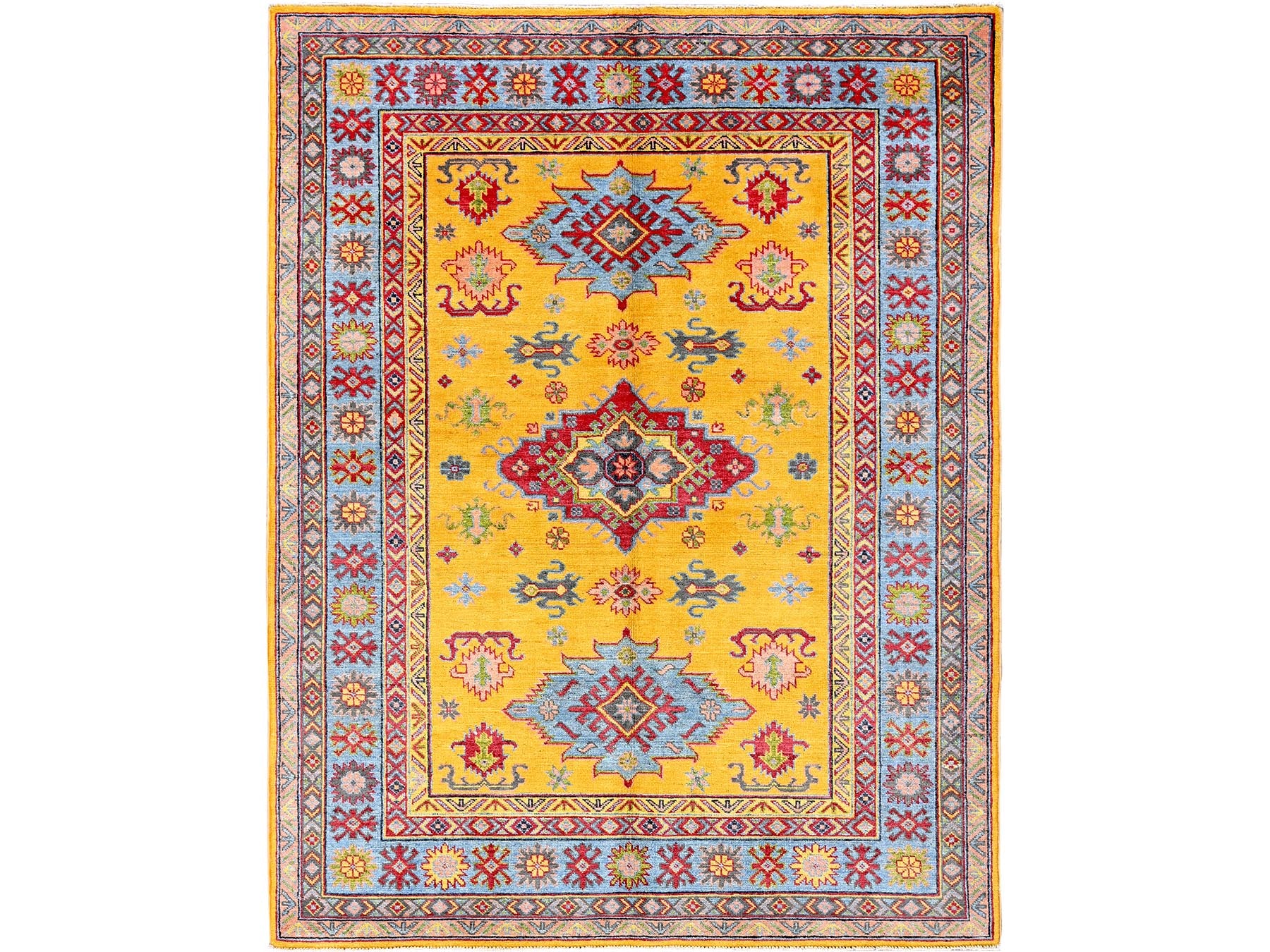 Kazak Kazak hand-knotted wool rug in Yellow & Light Blue, 5'2" x 6'7" — SKU O0336