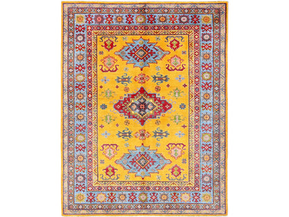 Kazak Kazak hand-knotted wool rug in Yellow & Light Blue, 5'2" x 6'7" — SKU O0336