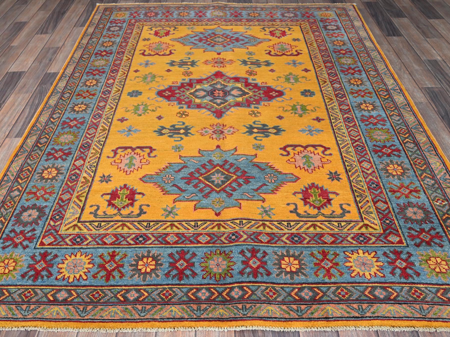 Kazak Kazak hand-knotted wool rug in Yellow & Light Blue, 5'2" x 6'7" — SKU O0336 (view 2)