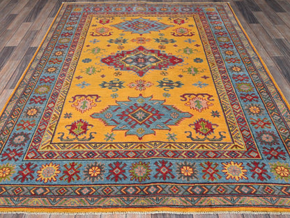 Kazak Kazak hand-knotted wool rug in Yellow & Light Blue, 5'2" x 6'7" — SKU O0336 (view 2)