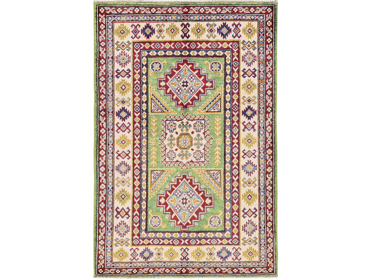 Kazak Kazak hand-knotted wool rug in Green & Ivory, 3'4" x 5' — SKU O0339