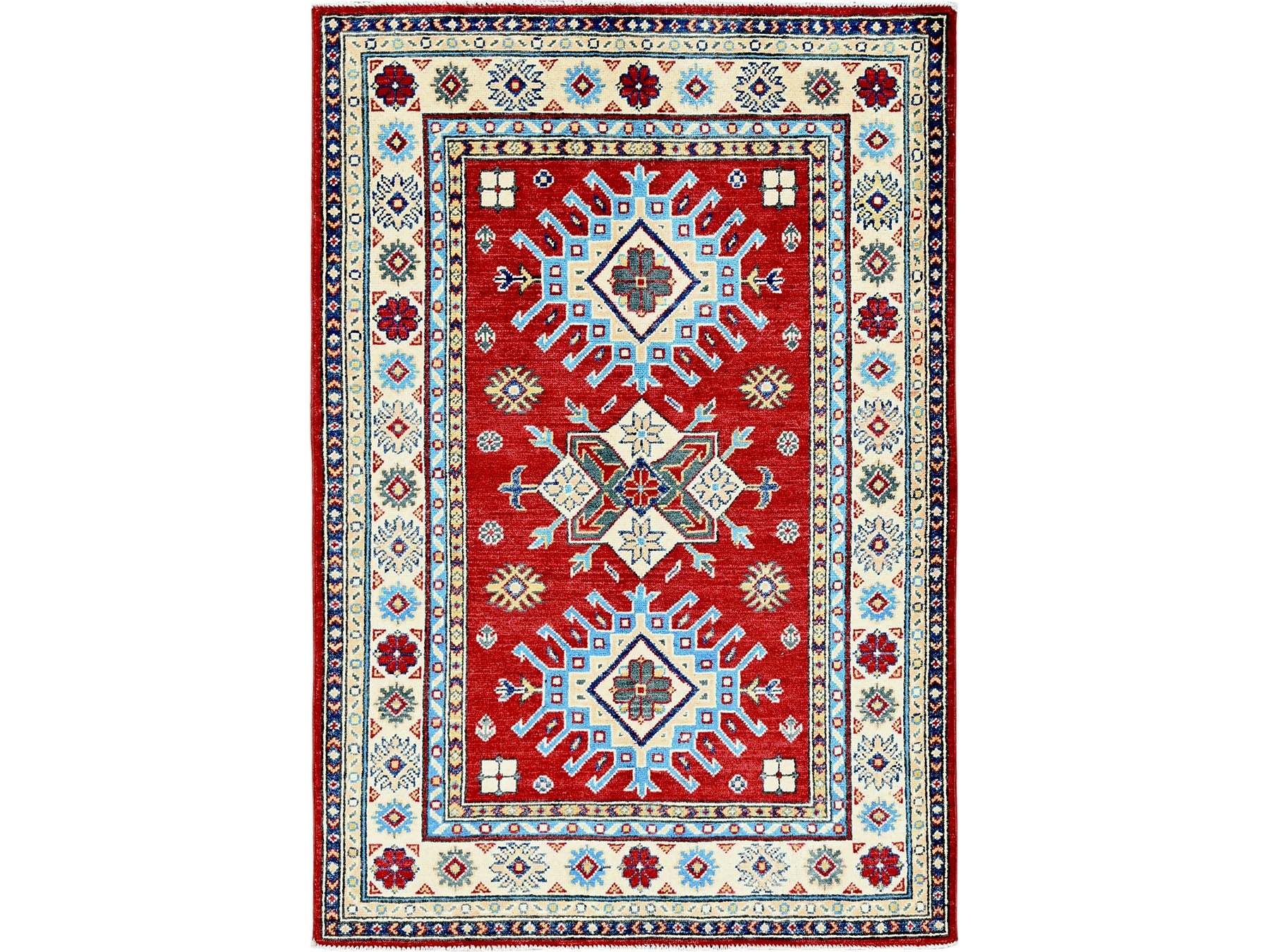 Kazak Kazak hand-knotted wool rug in Red & Ivory, 3'5" x 5' — SKU O0340
