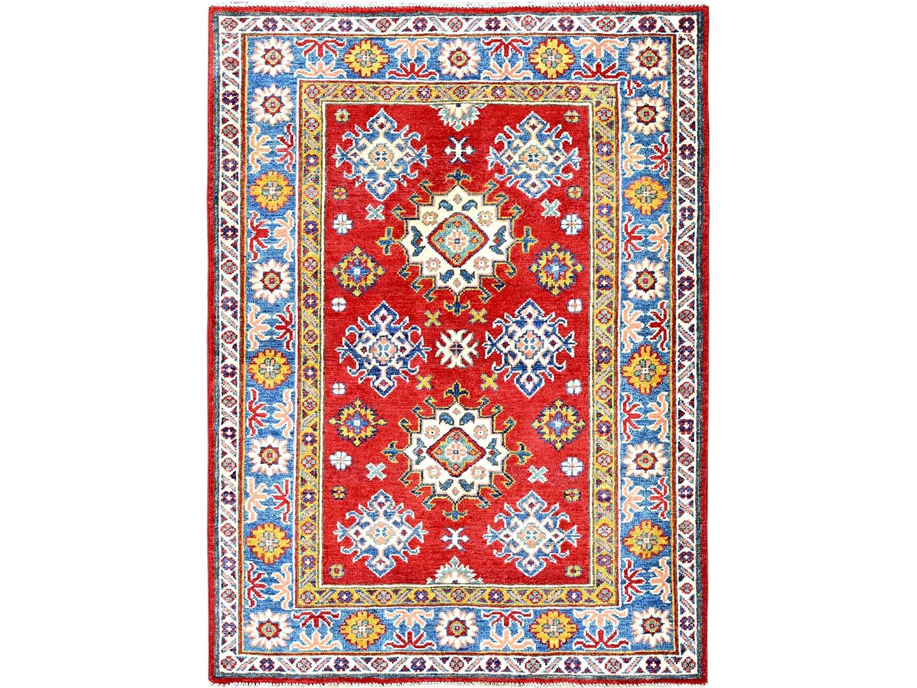 Kazak Kazak hand-knotted wool rug in Red & Blue, 3'8" x 4'10" — SKU O0341
