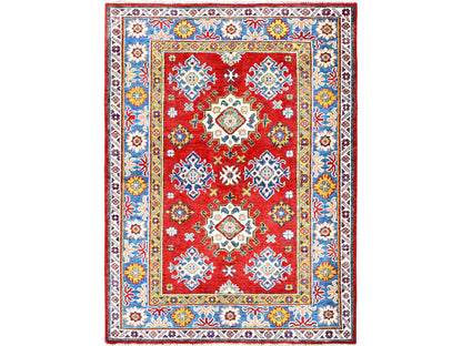 Kazak Kazak hand-knotted wool rug in Red & Blue, 3'8" x 4'10" — SKU O0341