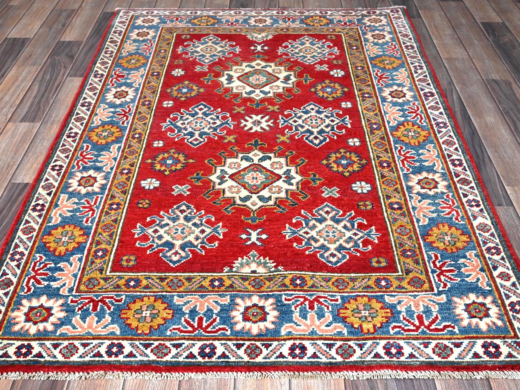 Kazak Kazak hand-knotted wool rug in Red & Blue, 3'8" x 4'10" — SKU O0341 (view 2)