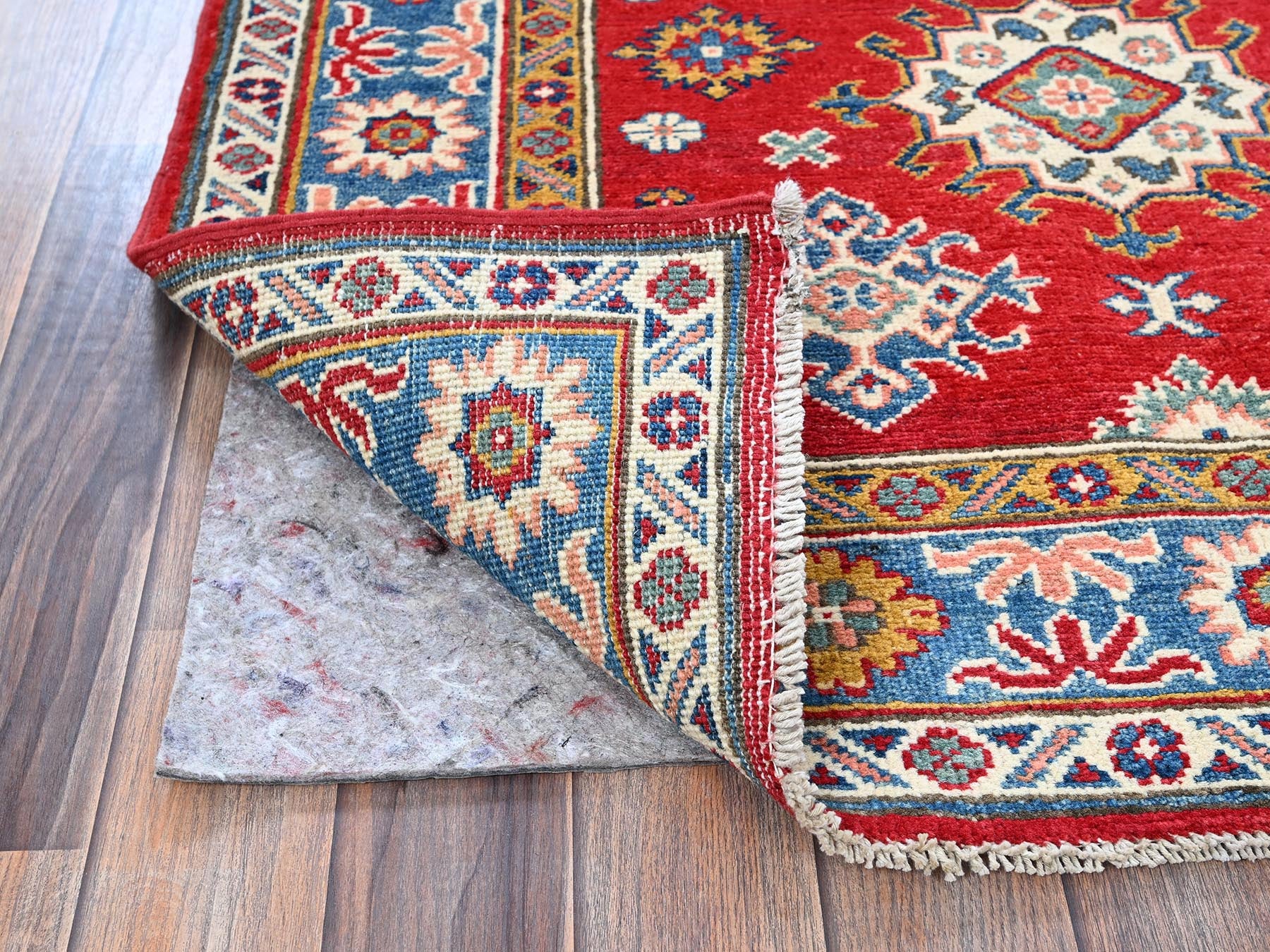 Kazak Kazak hand-knotted wool rug in Red & Blue, 3'8" x 4'10" — SKU O0341 (view 3)