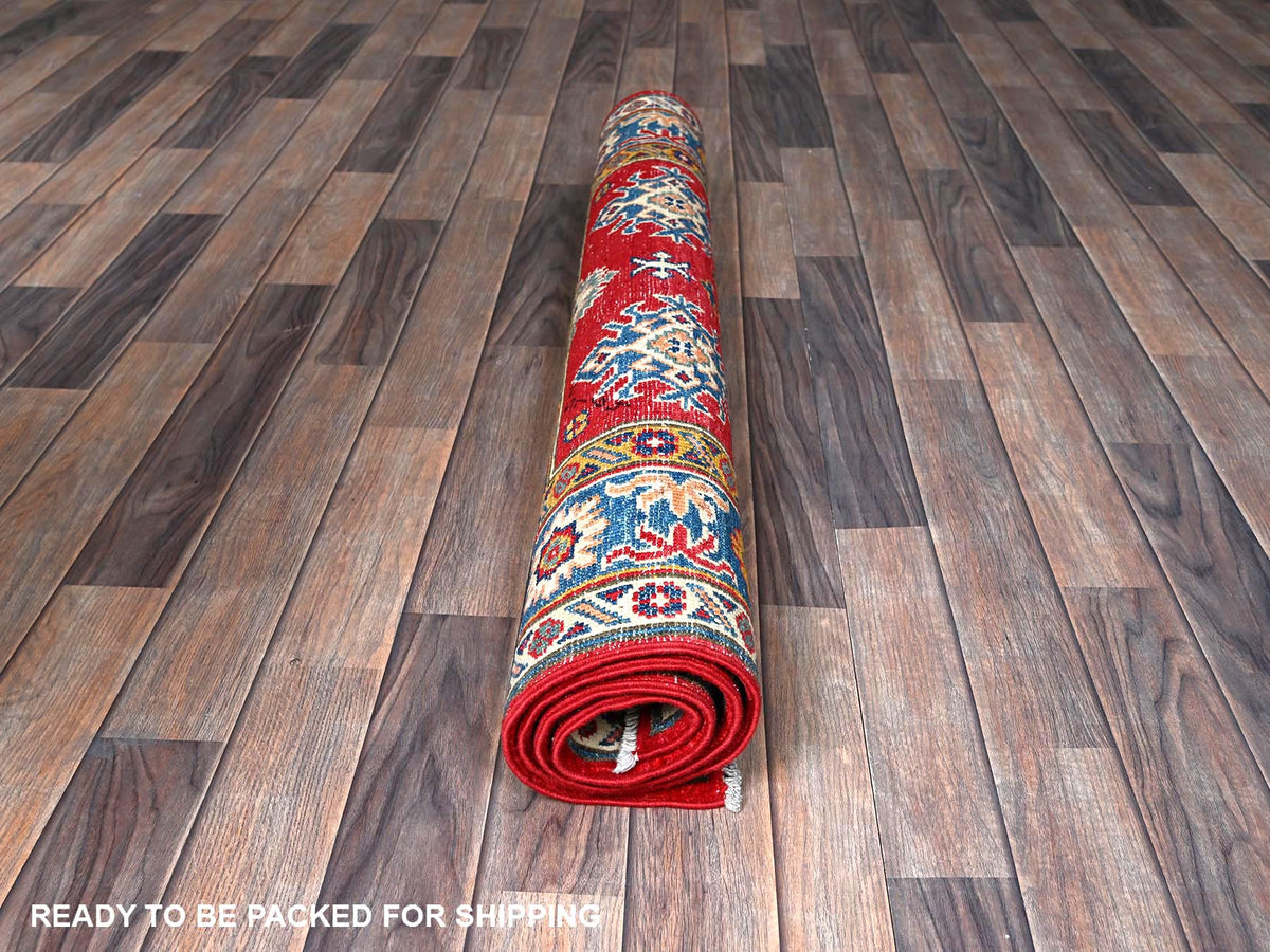 Kazak Kazak hand-knotted wool rug in Red & Blue, 3'8" x 4'10" — SKU O0341 (view 5)