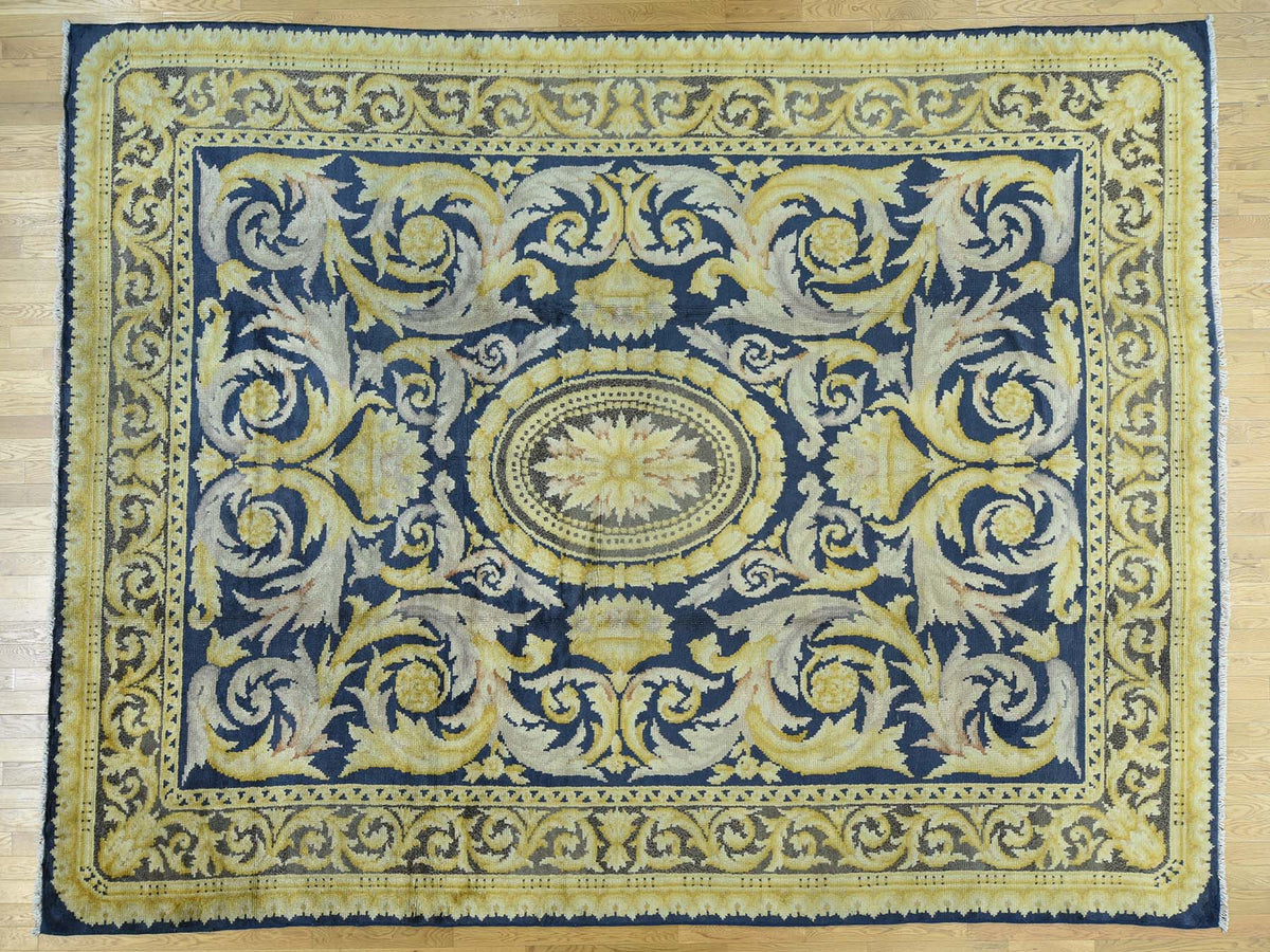 Savonnerie Antique hand-knotted wool rug in Blue & Brown, 10'10" x 13'8" — SKU O034424