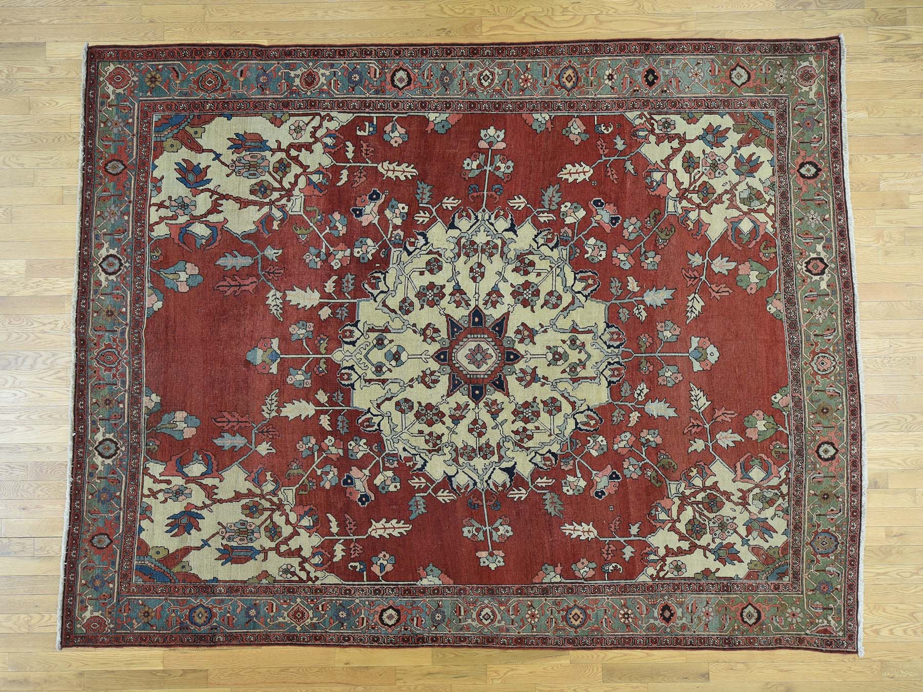 Serapi Antique hand-knotted wool rug in Red & Light Green, 9' x 11'3" — SKU O034425