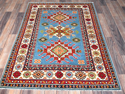 Blue 3'4" x 4'10" Kazak Hand knotted Wool Rug - Sku: O0344