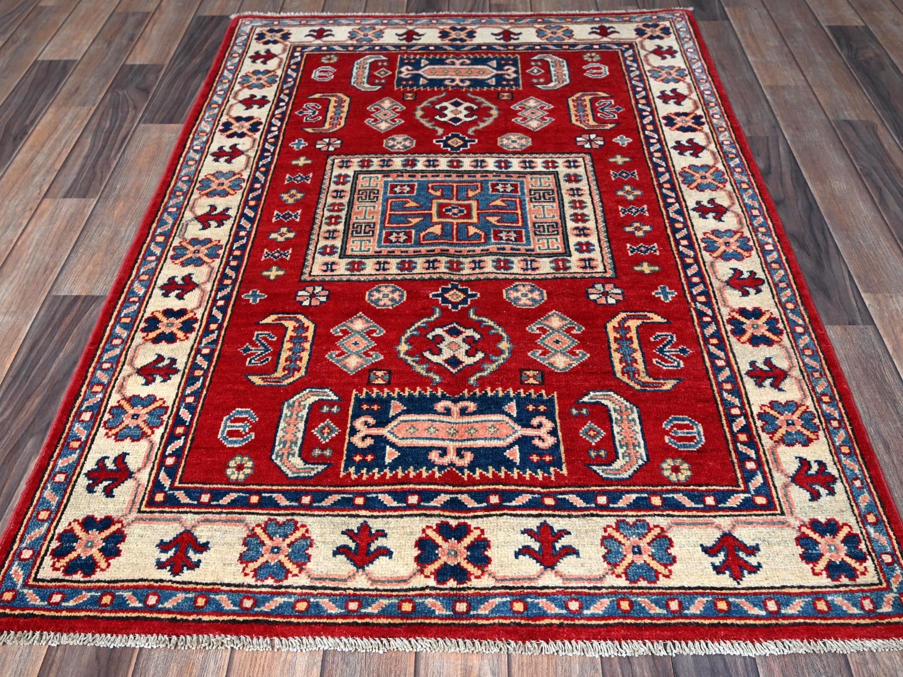 Kazak Kazak hand-knotted wool rug in Red & Ivory, 3'5" x 5' — SKU O0346 (view 2)