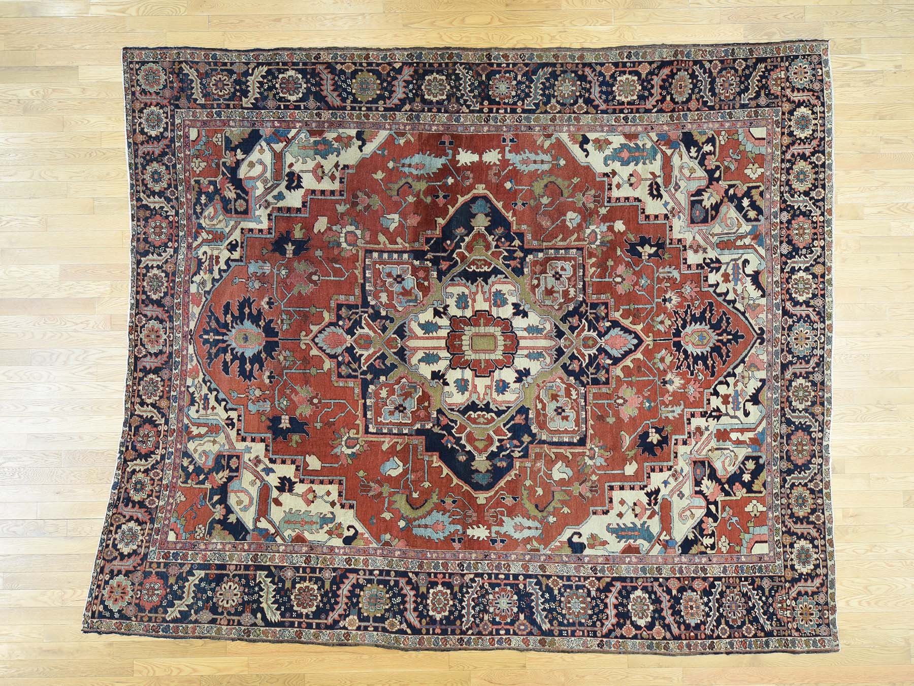 Serapi Antique hand-knotted wool rug in Red & Navy Blue, 10' x 11'7" — SKU O034785