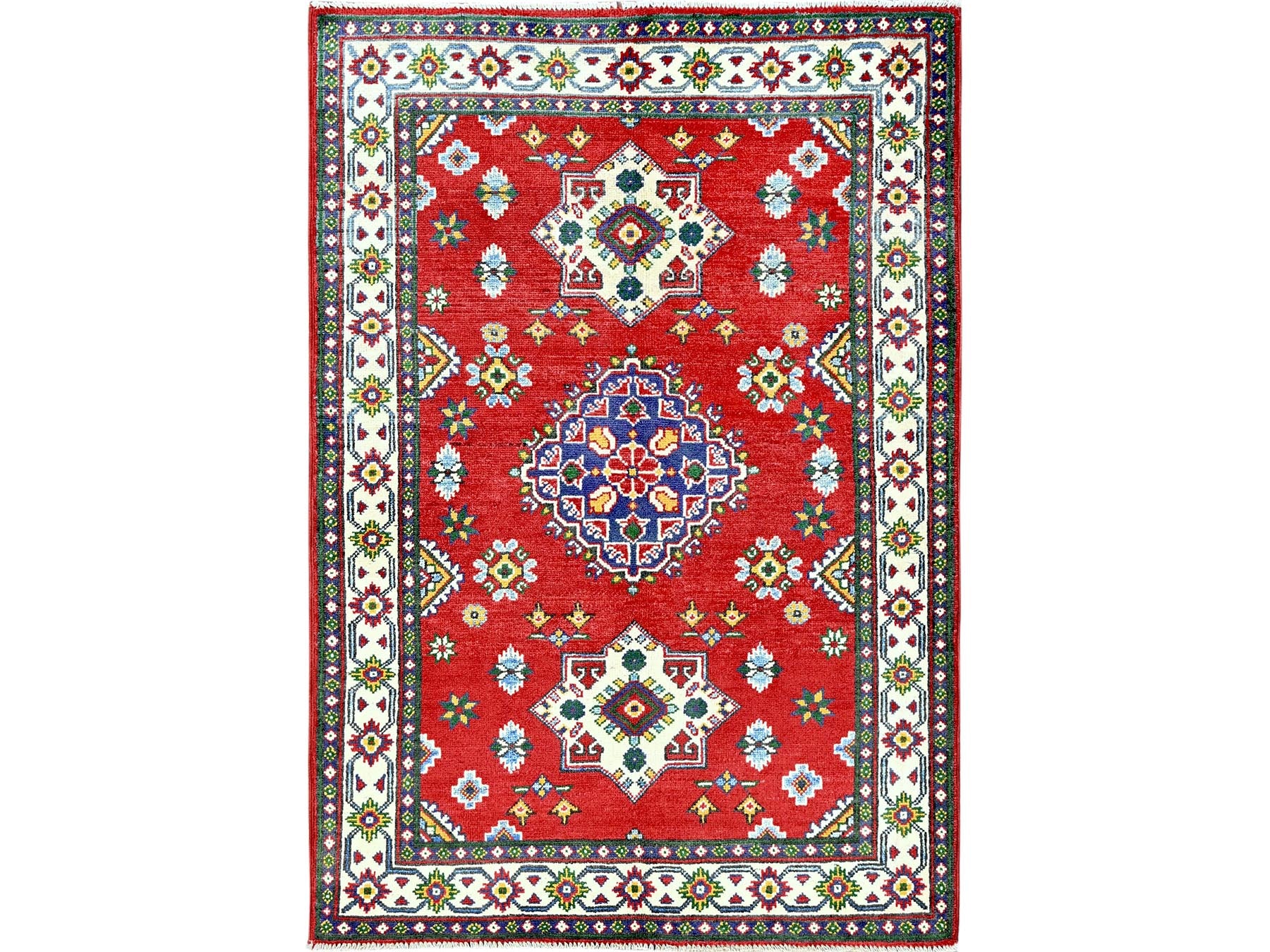Kazak Kazak hand-knotted wool rug in Red & Ivory, 3'3" x 4'9" — SKU O0348