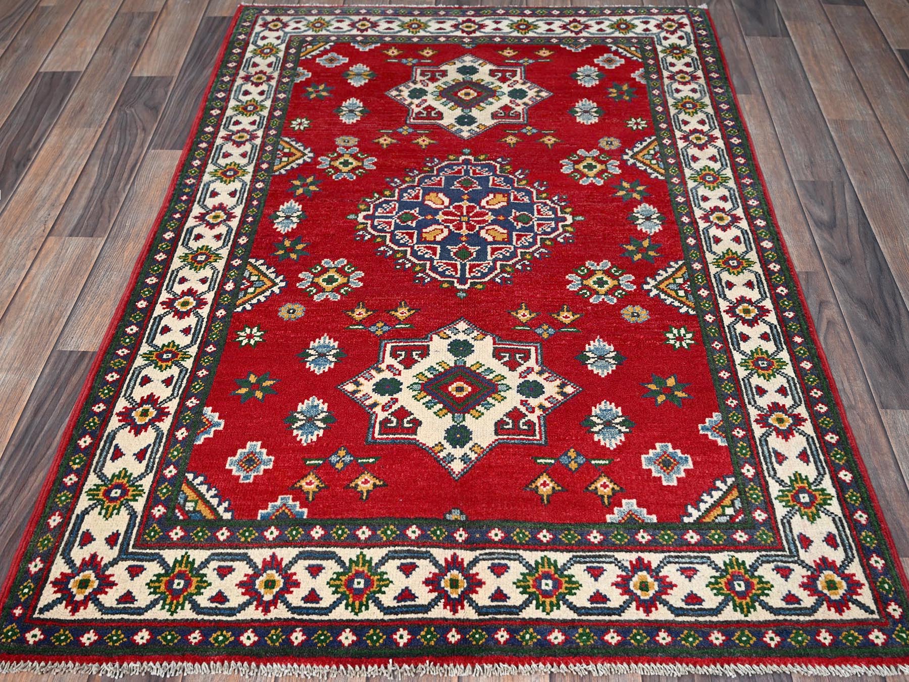 Kazak Kazak hand-knotted wool rug in Red & Ivory, 3'3" x 4'9" — SKU O0348 (view 2)