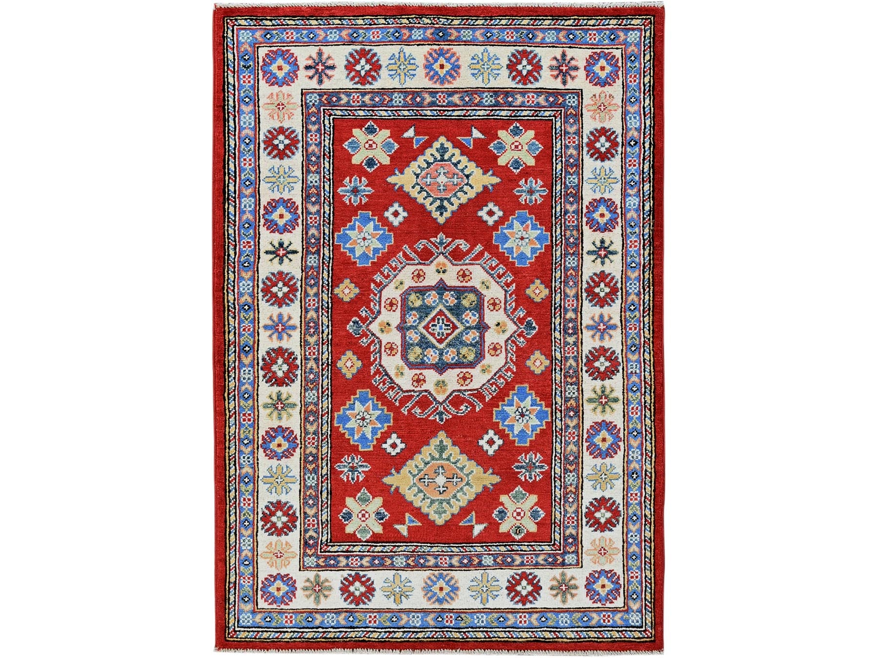 Kazak Kazak hand-knotted wool rug in Red & Ivory, 3'3" x 4'10" — SKU O0349