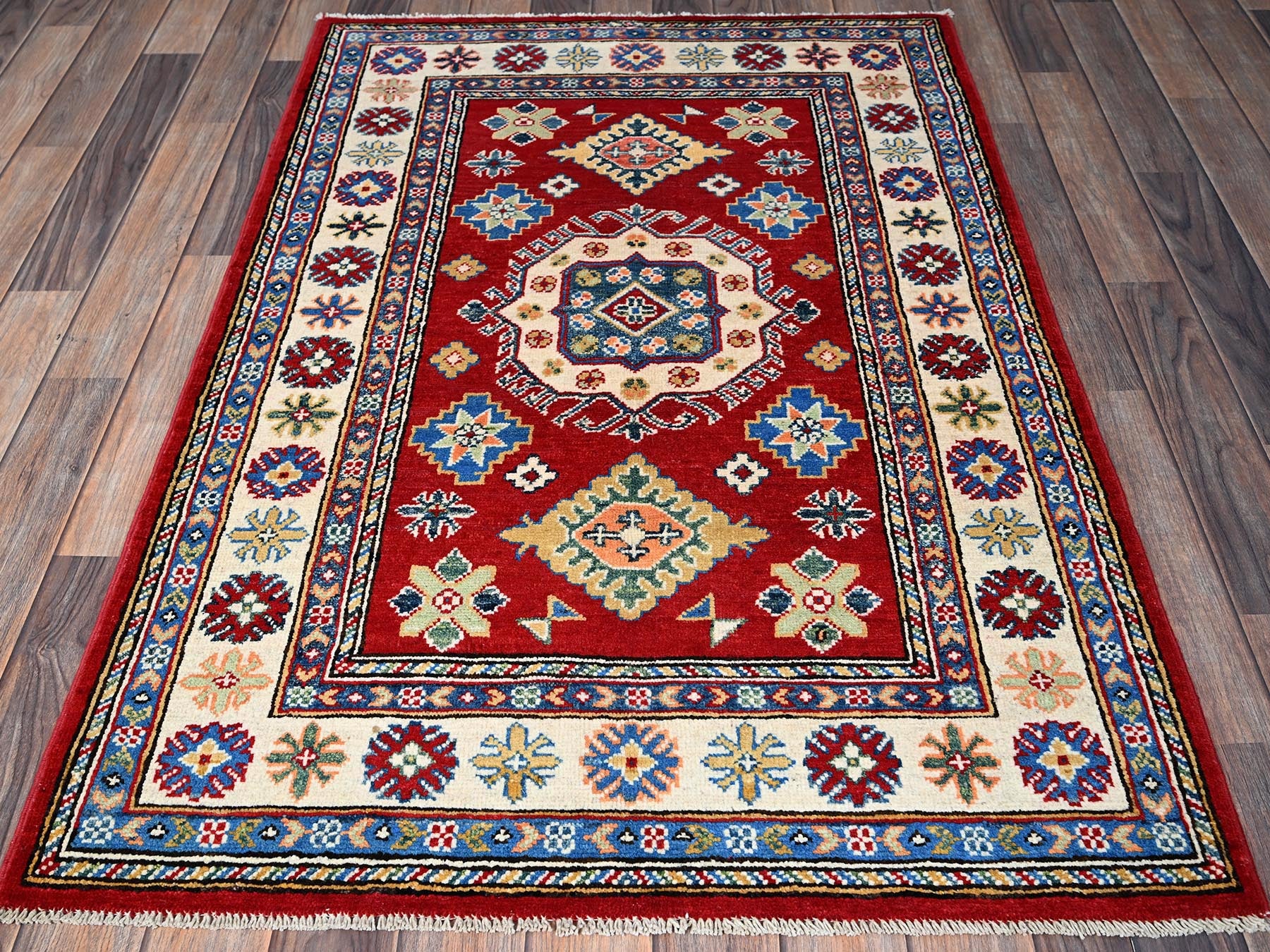 Kazak Kazak hand-knotted wool rug in Red & Ivory, 3'3" x 4'10" — SKU O0349 (view 2)