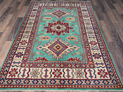 Kazak Kazak hand-knotted wool rug in Green & Ivory, 3'11" x 5'10" — SKU O0355 (view 2)