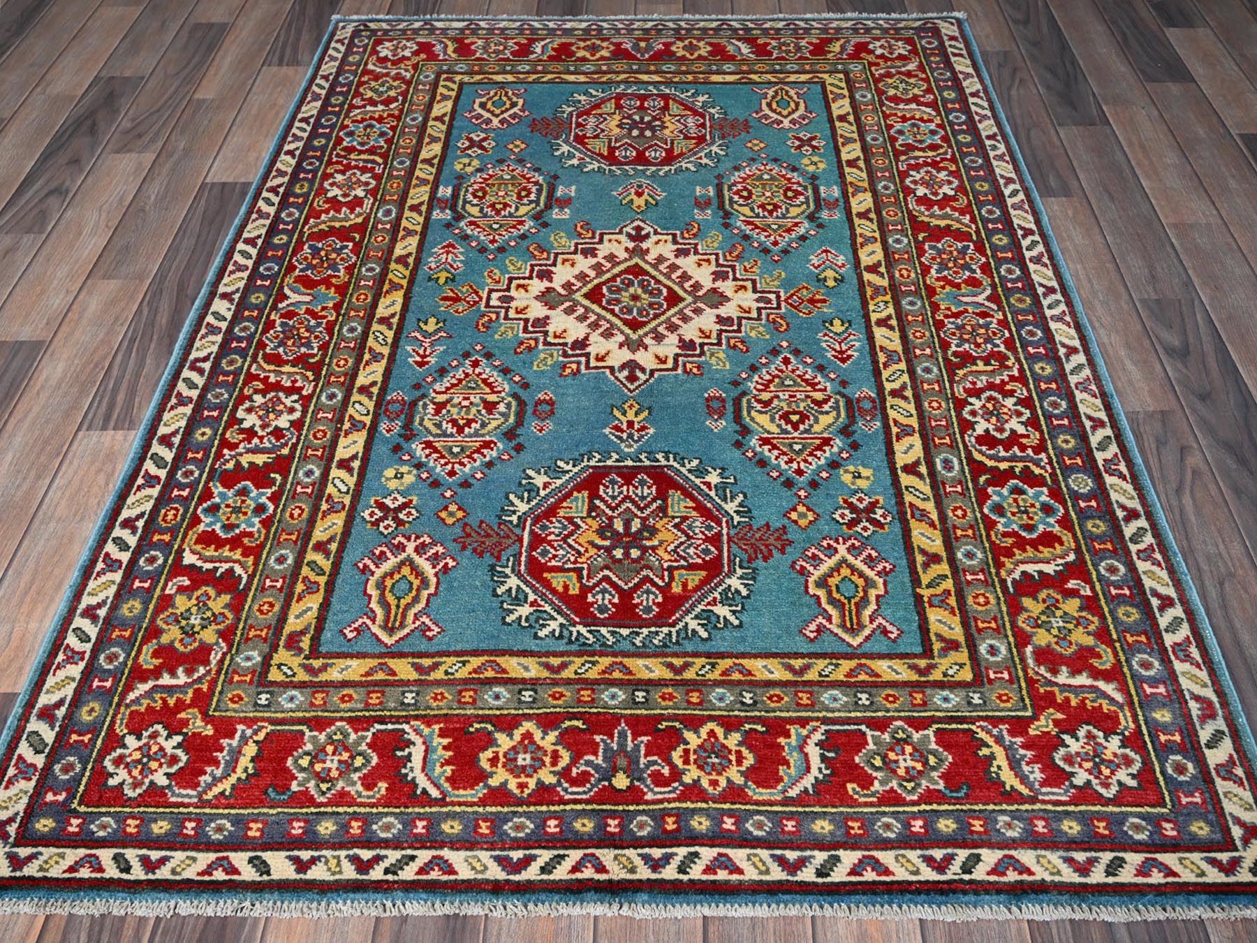 Kazak Kazak hand-knotted wool rug in Blue & Red, 4'1" x 5'10" — SKU O0356 (view 2)