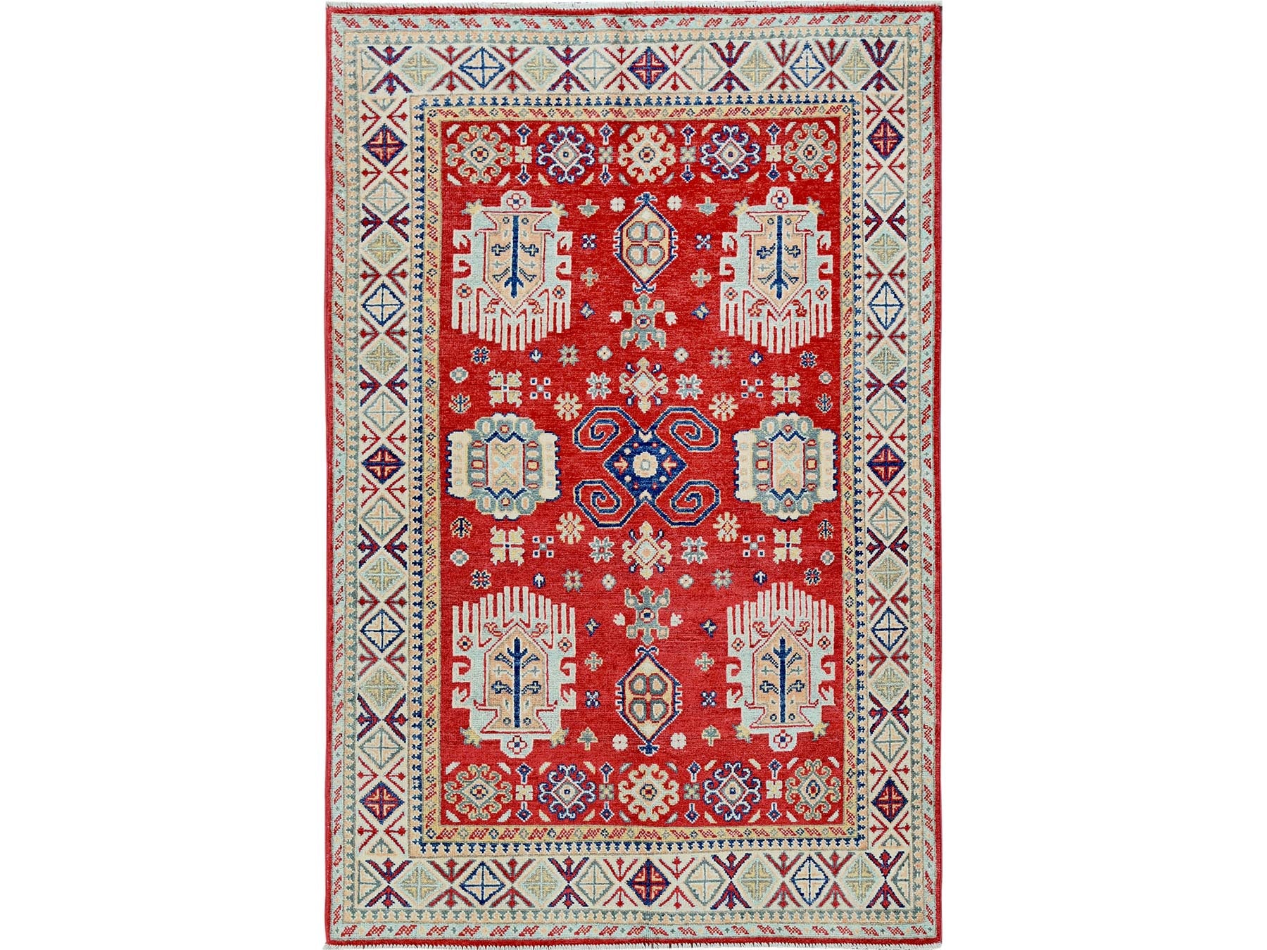 Kazak Kazak hand-knotted wool rug in Red & Ivory, 3'10" x 5'10" — SKU O0357