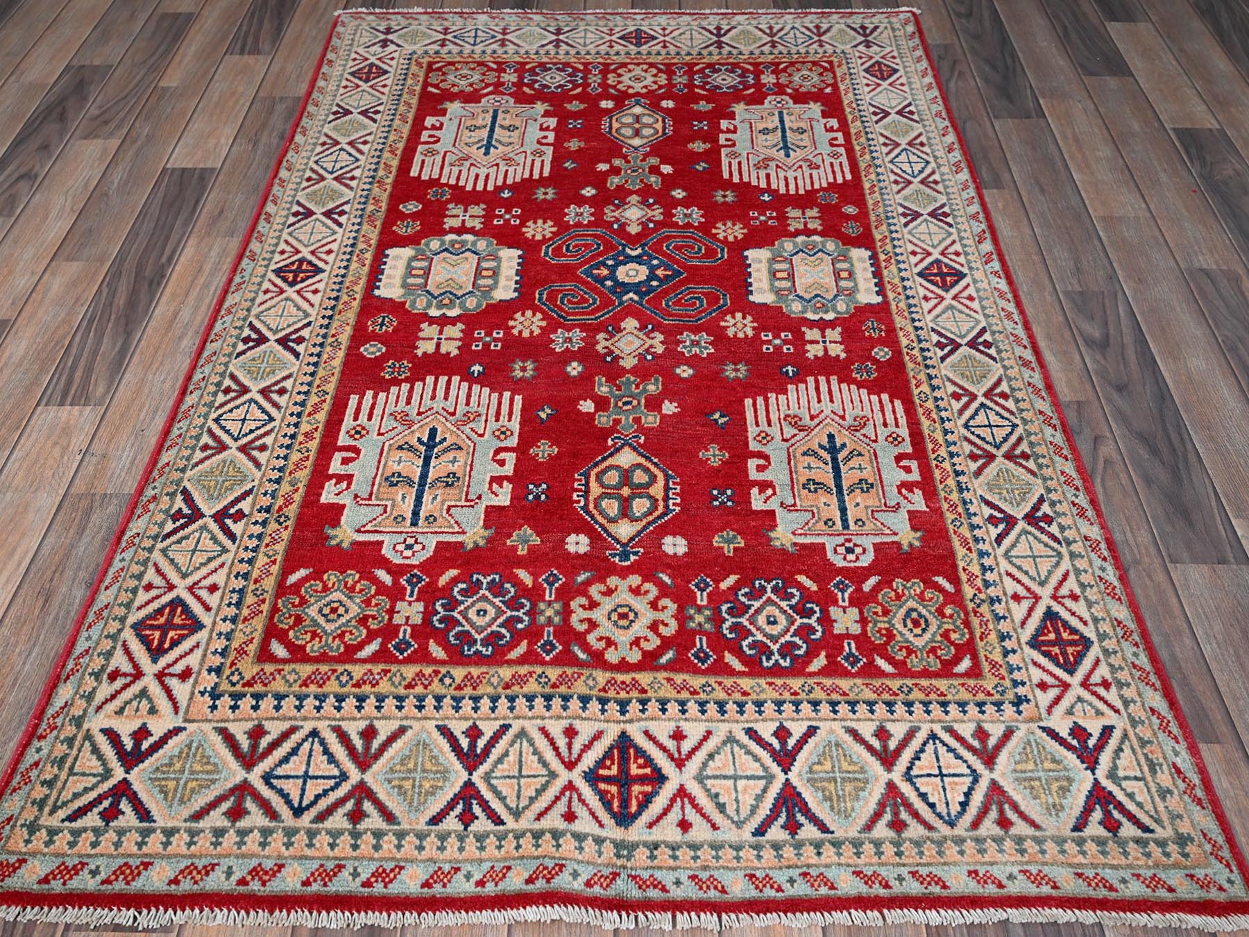 Kazak Kazak hand-knotted wool rug in Red & Ivory, 3'10" x 5'10" — SKU O0357 (view 2)