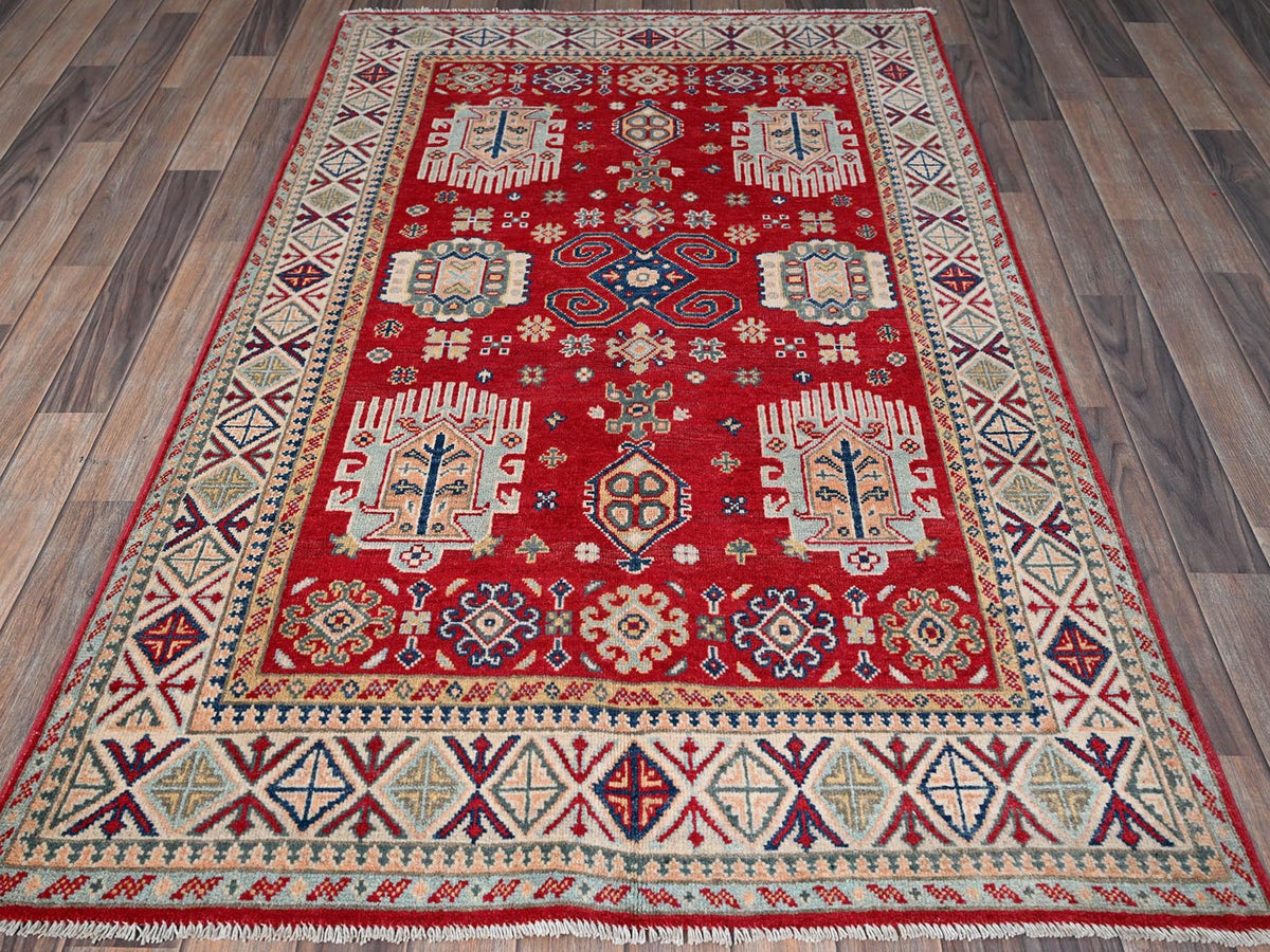Kazak Kazak hand-knotted wool rug in Red & Ivory, 3'10" x 5'10" — SKU O0357 (view 2)