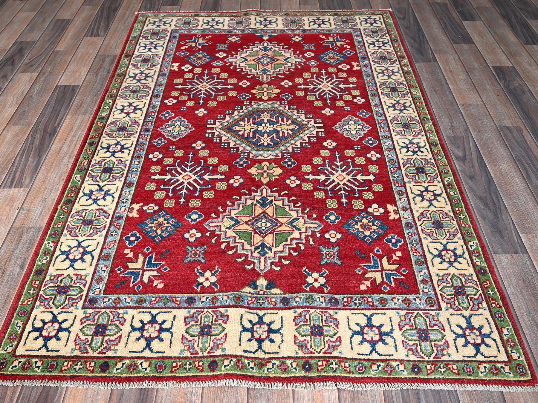 Kazak Kazak hand-knotted wool rug in Red & Ivory, 3'11" x 6' — SKU O0358 (view 2)