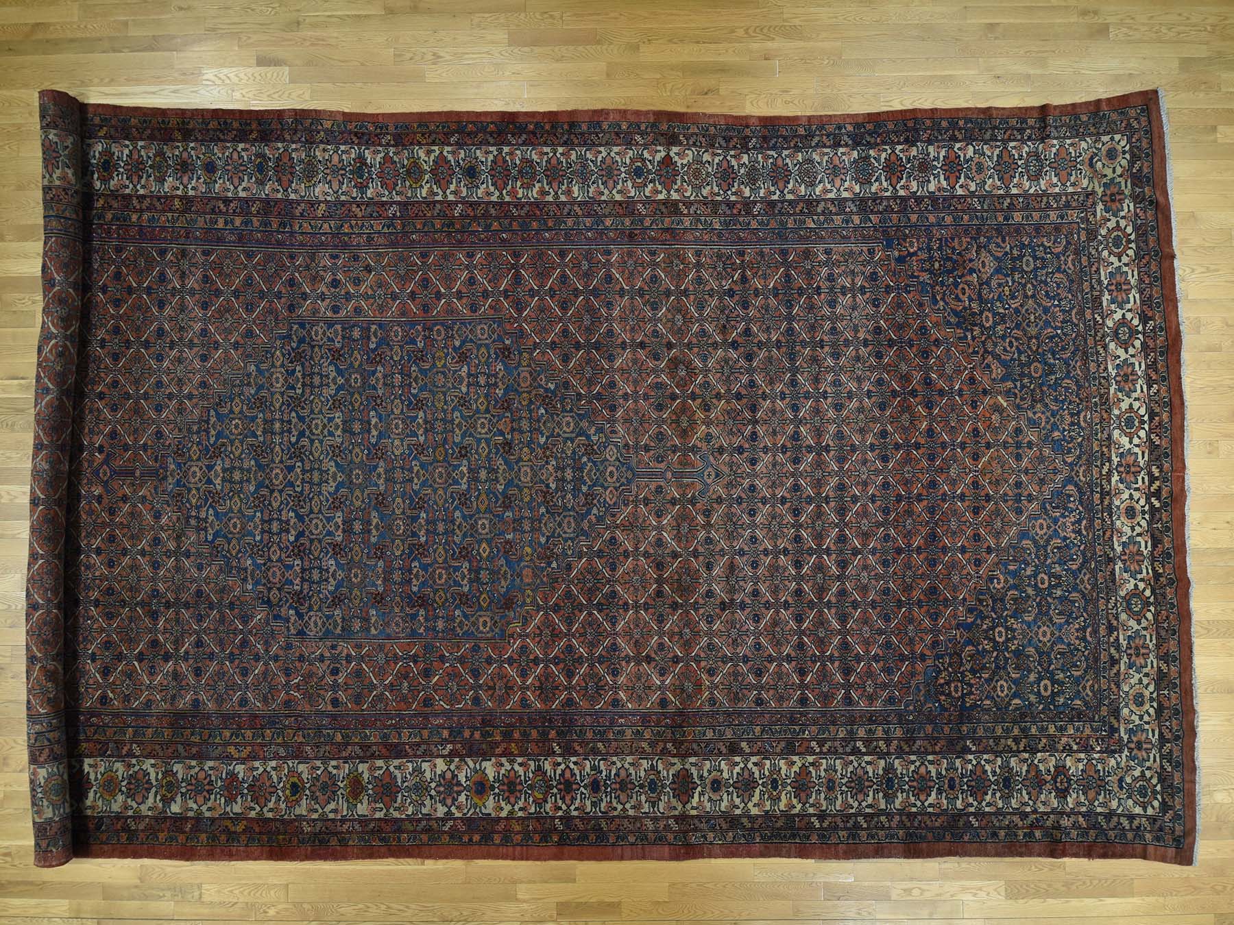 Antique hand-knotted wool rug in Red & Taupe, 11'10" x 23'4" — SKU O035950