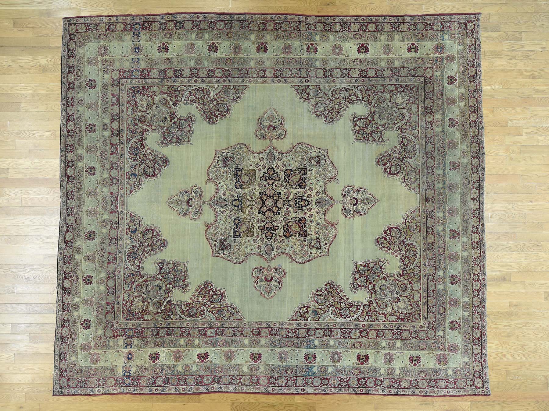 Kerman Antique hand-knotted wool rug in Beige & Red, 10'9" x 12' — SKU O036060