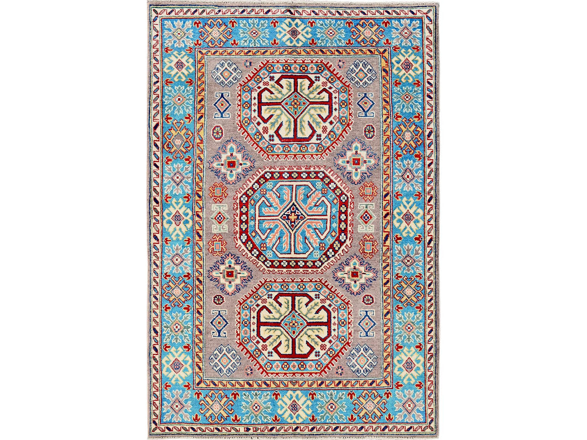 Kazak Kazak hand-knotted wool rug in Gray & Blue, 3'11" x 5'9" — SKU O0360