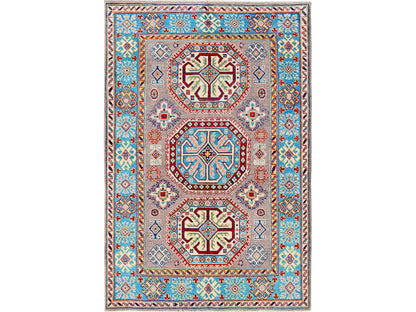 Kazak Kazak hand-knotted wool rug in Gray & Blue, 3'11" x 5'9" — SKU O0360