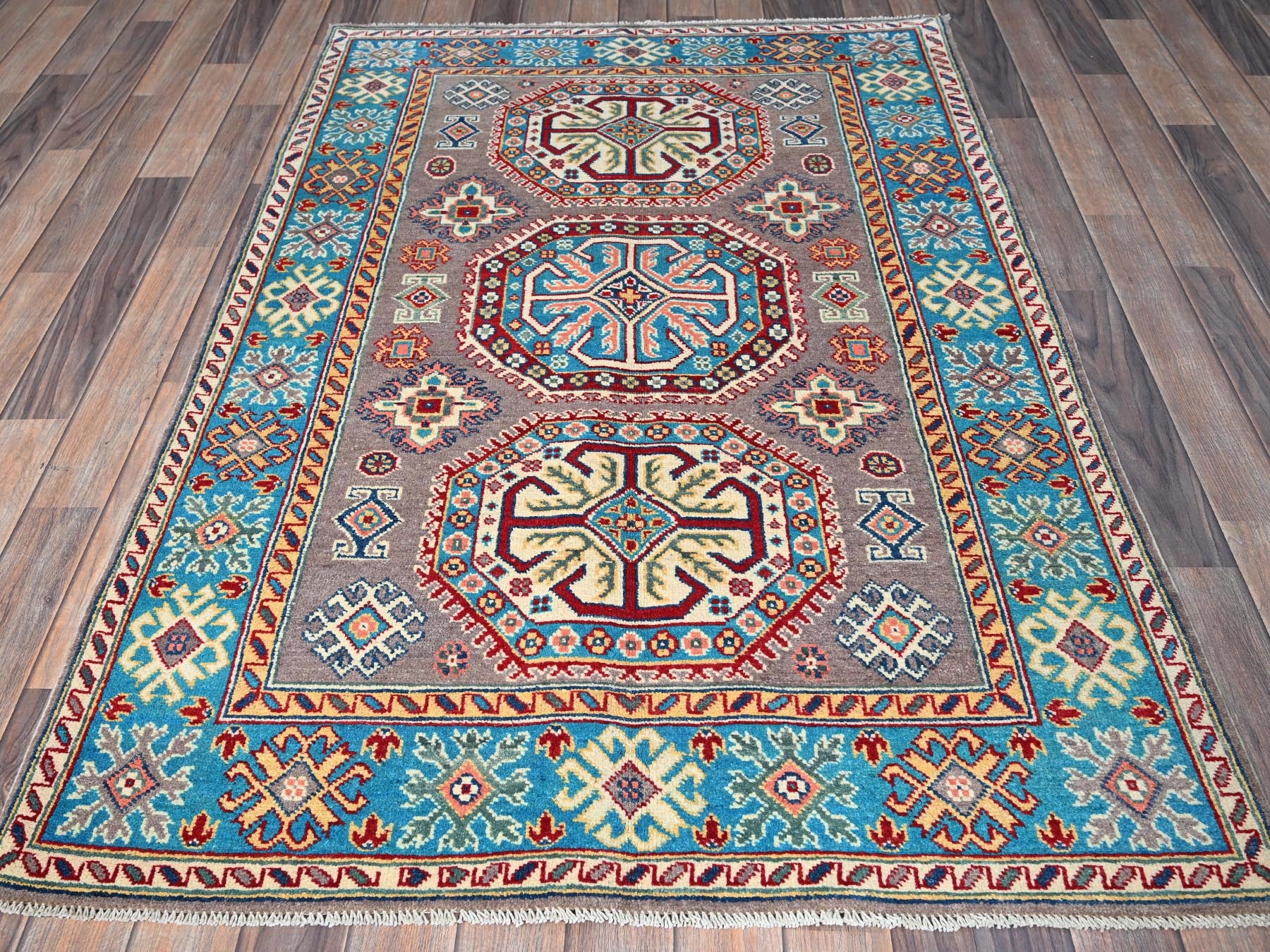 Kazak Kazak hand-knotted wool rug in Gray & Blue, 3'11" x 5'9" — SKU O0360 (view 2)