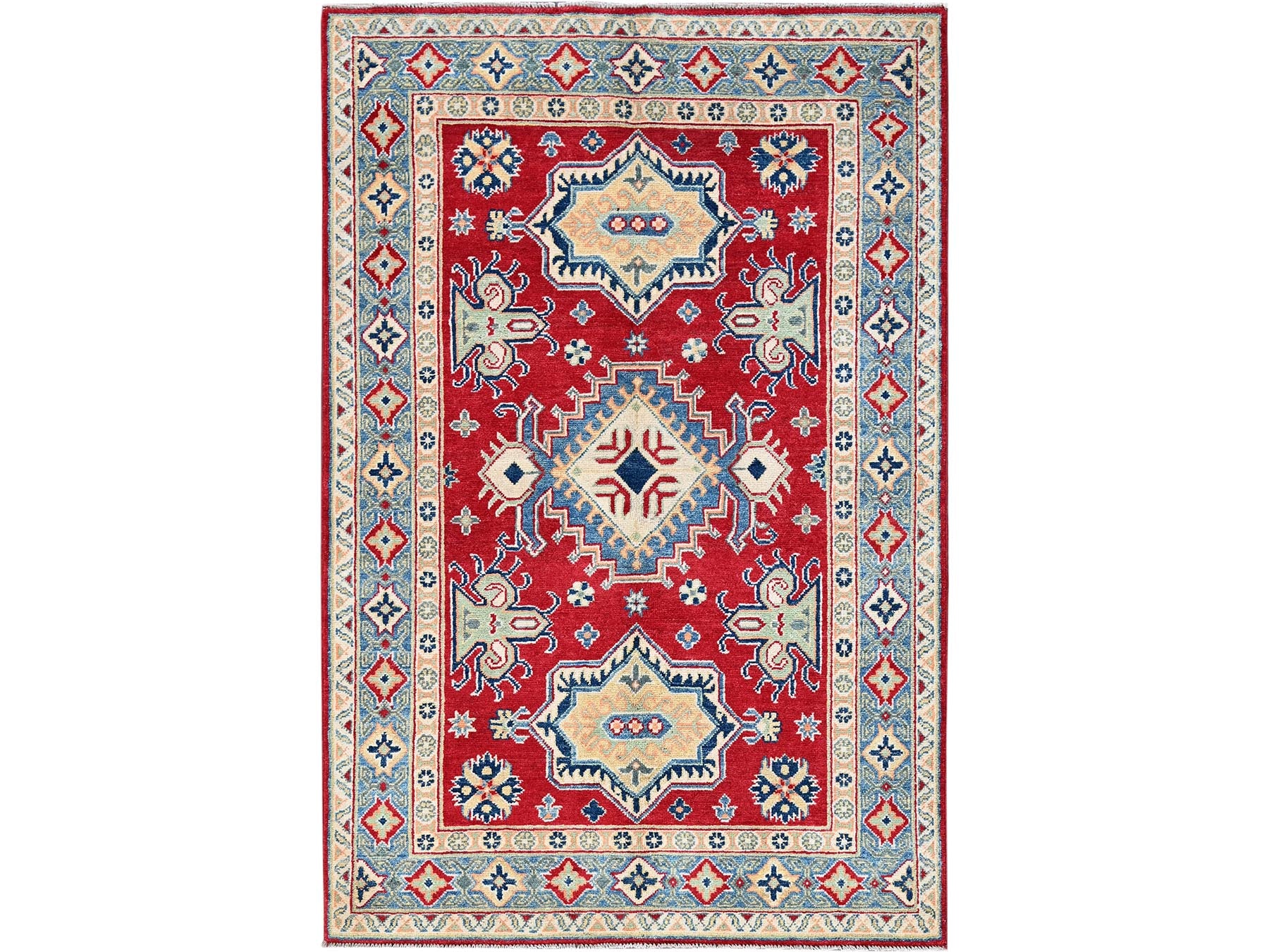 Kazak Kazak hand-knotted wool rug in Red & Light Blue, 4'1" x 6'1" — SKU O0361