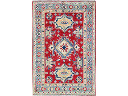 Kazak Kazak hand-knotted wool rug in Red & Light Blue, 4'1" x 6'1" — SKU O0361