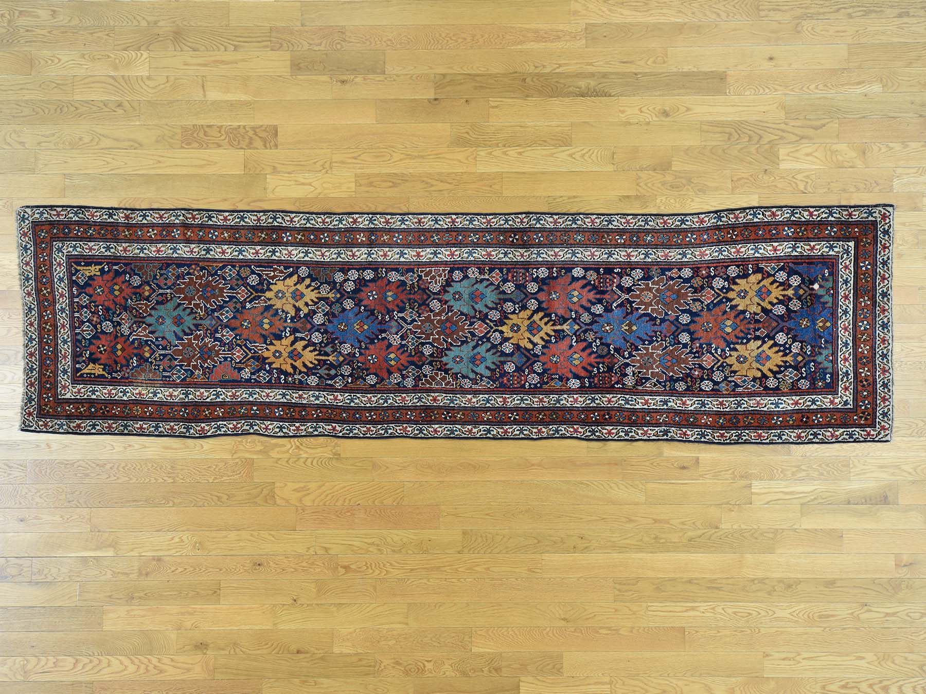 Antique hand-knotted wool runner in Blue & Saffron, 3'5" x 12'9" — SKU O036267