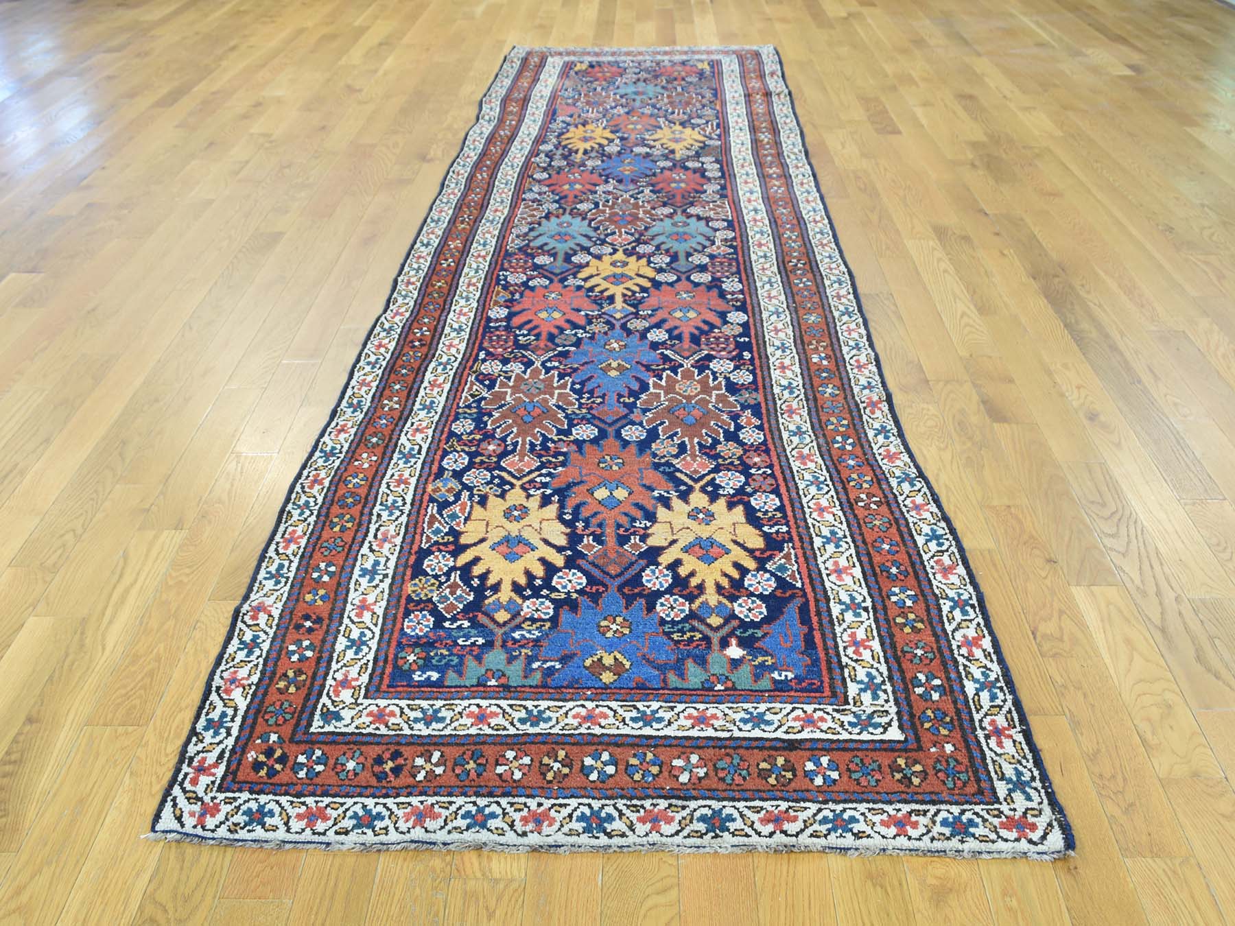 Antique hand-knotted wool runner in Blue & Saffron, 3'5" x 12'9" — SKU O036267 (view 2)