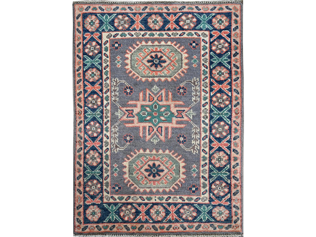 Kazak Kazak hand-knotted wool rug in Gray & Navy Blue, 2' x 2'8" — SKU O0368