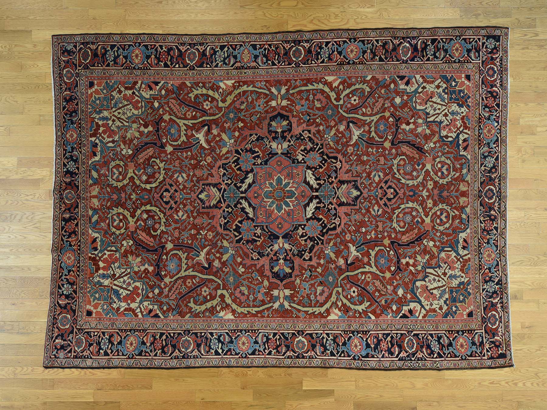 Heriz Antique hand-knotted wool rug in Red & Navy Blue, 8'6" x 11'7" — SKU O037427