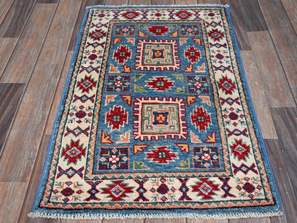 Blue 1'10" x 3'0" Kazak Hand knotted Wool Rug - Sku: O0378