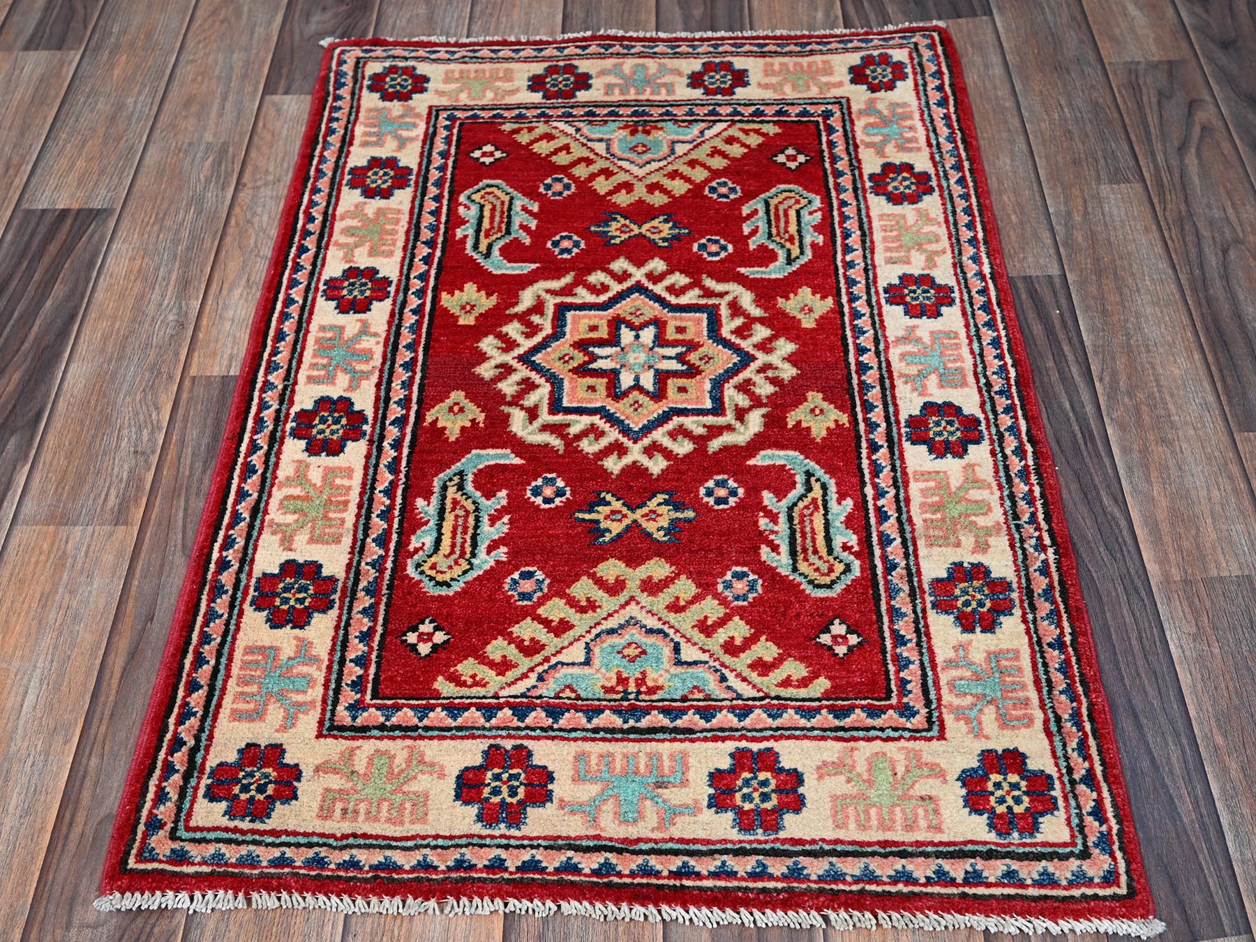 Kazak Kazak hand-knotted wool rug in Red & Ivory, 2'1" x 3' — SKU O0387 (view 2)