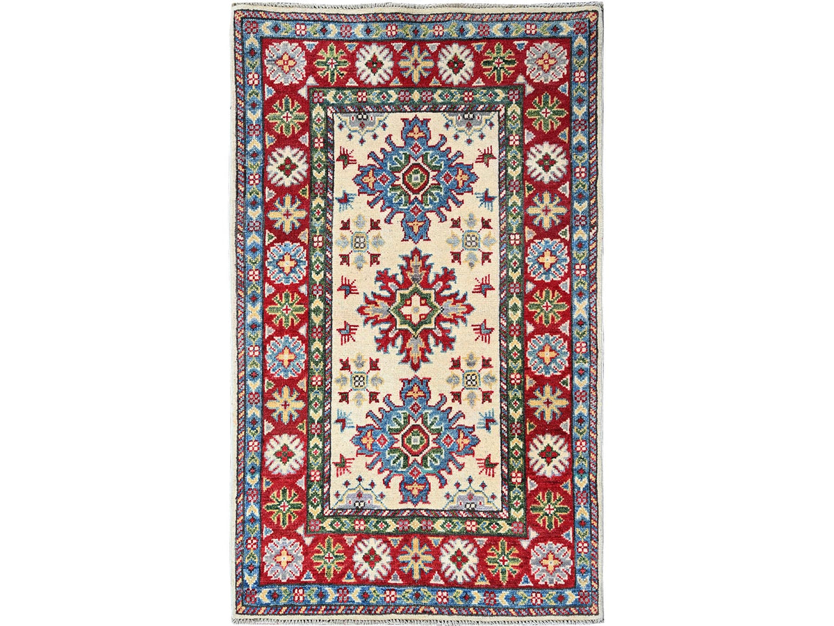 Kazak Kazak hand-knotted wool rug in Ivory & Red, 2'6" x 4'1" — SKU O0393