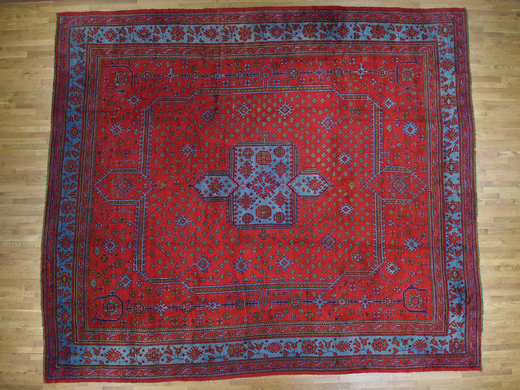Oushak Antique hand-knotted wool rug in Red & Sky Blue, 16'8" x 19'1" — SKU O039765